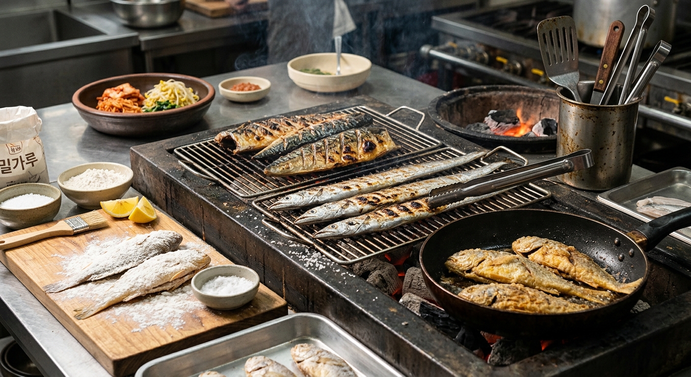 종류별 생선을 나란히 놓고 각기 다른 방식으로 굽는 모습