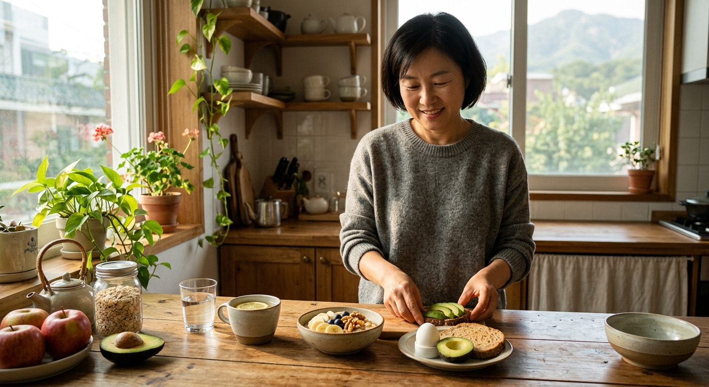 달걀, 견과류, 요거트, 통곡물 빵으로 구성된 균형 잡힌 아침 식사
