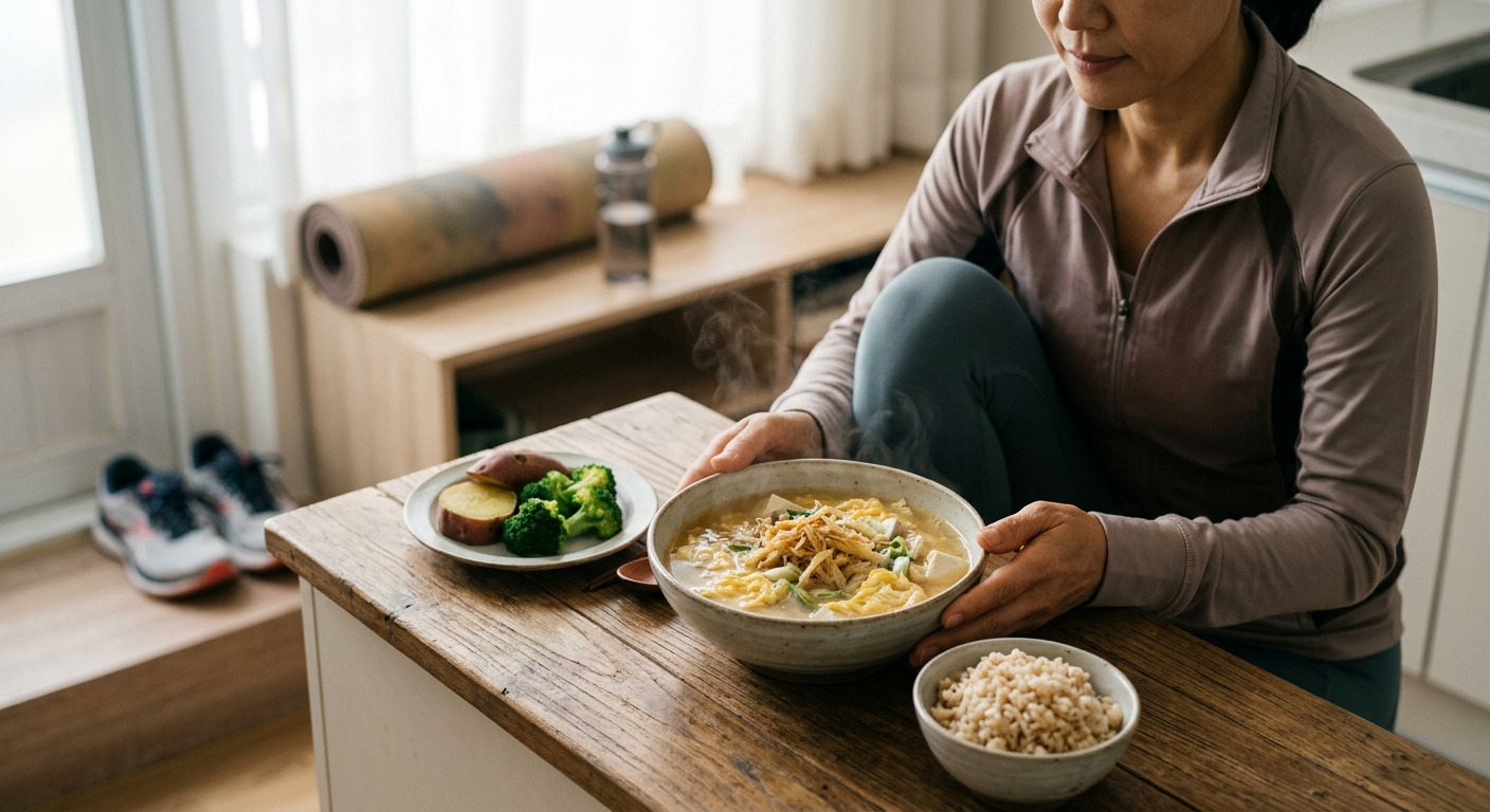 건강한 식사와 가벼운 걷기 운동을 병행하며 다리 근육 관리하는 중년의 모습