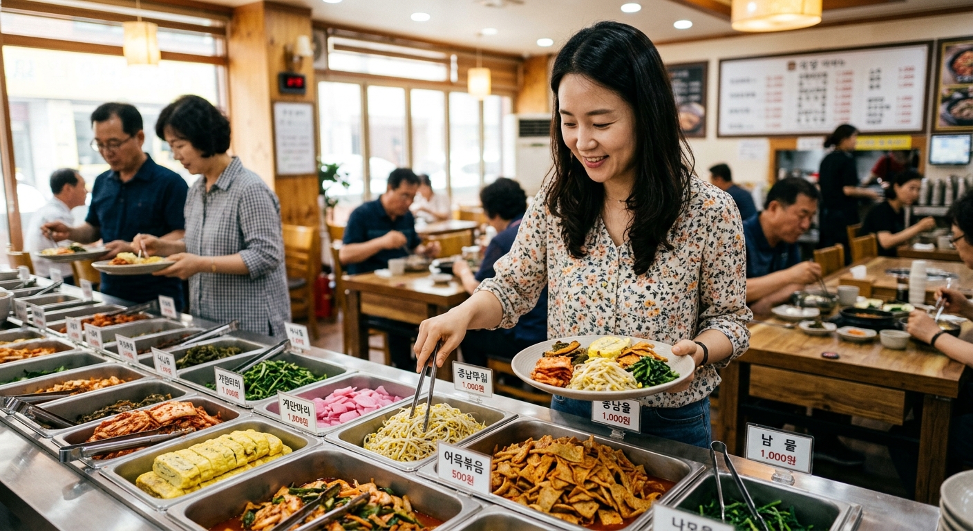 한식당에서 원하는 반찬을 선택해 담는 모습