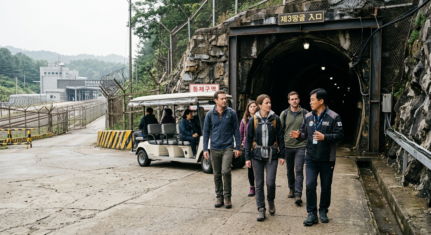 도라산역 방문과 제3땅굴 체험을 떠올리게 하는 DMZ 현장 이미지