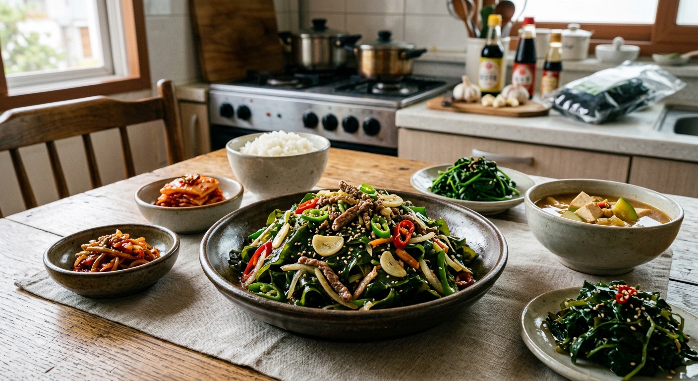 소고기와 양파를 넣어 더 깊은 맛을 낸 응용 미역볶음 요리