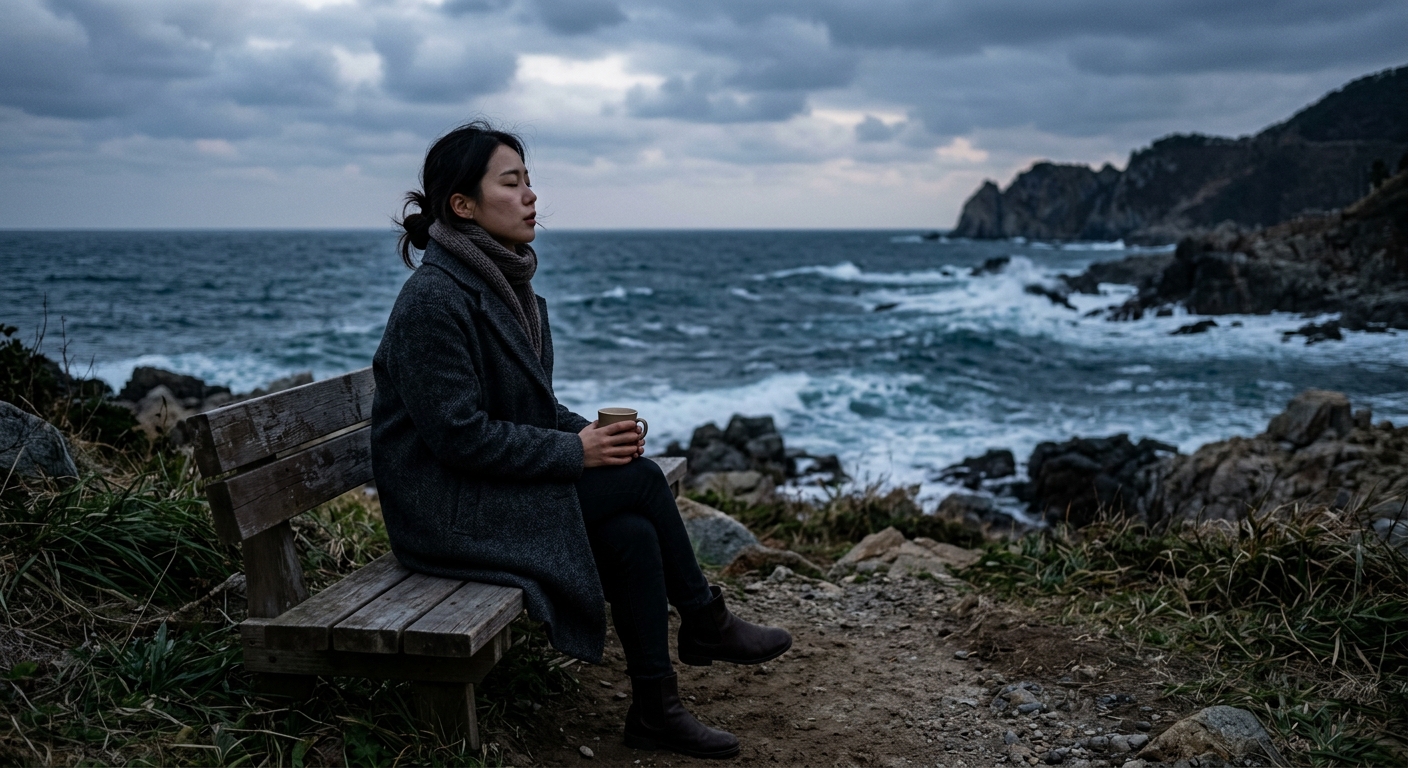 소파에 앉아 따뜻한 차를 마시며 조용히 하루를 버티는 사람