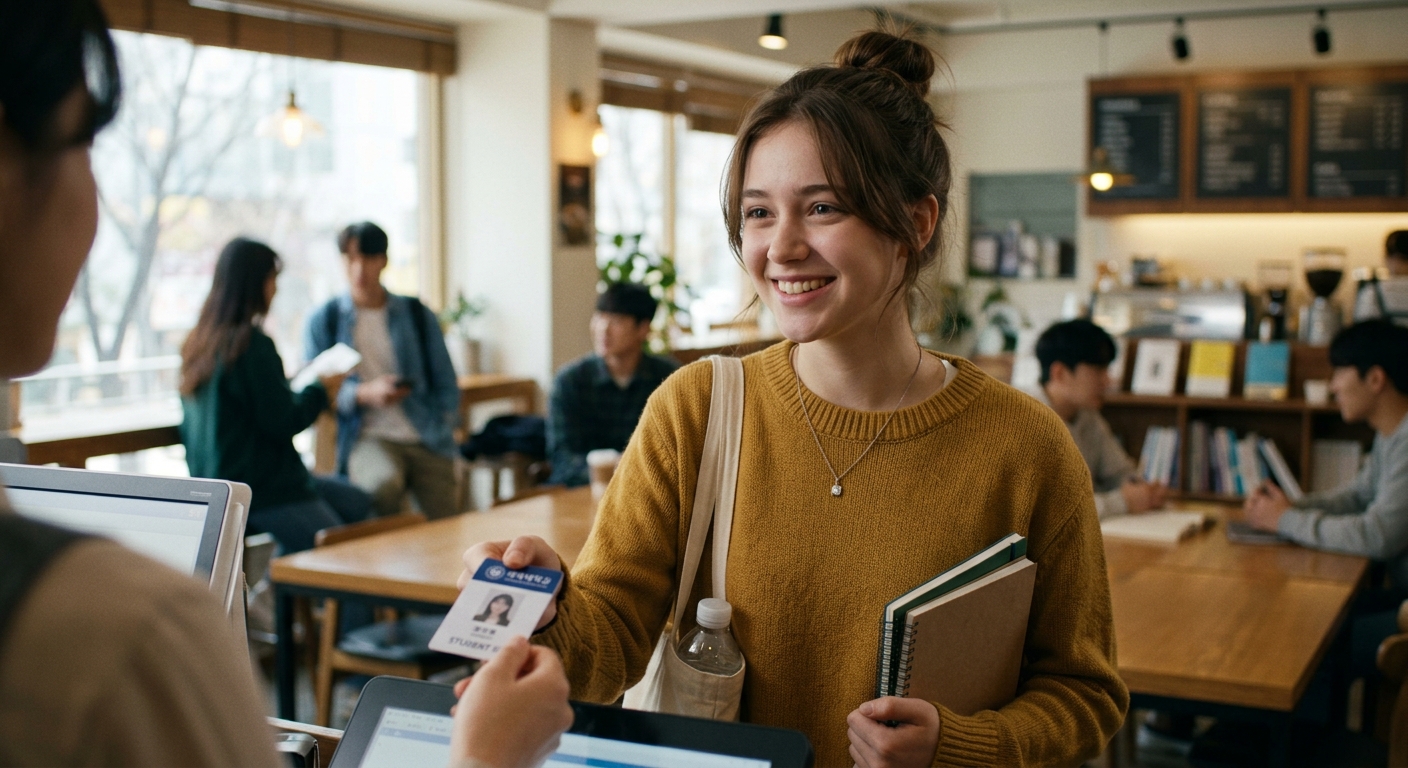 학생증과 스마트폰을 두고 할인 일정과 쿠폰을 확인하는 모습