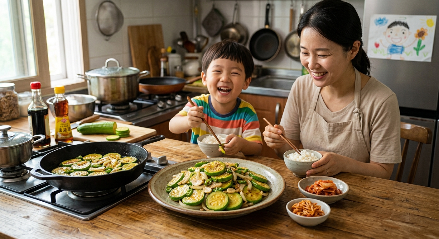 윤기 나는 애호박볶음이 접시에 담겨 아이 반찬처럼 먹음직스럽게 놓인 모습