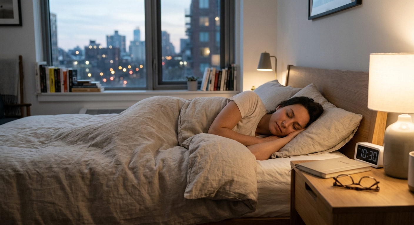 침실의 은은한 조명과 일정한 취침 시간을 보여주는 알람시계