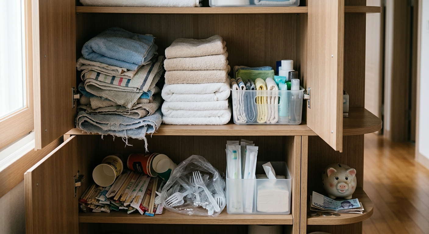 체계적으로 분류된 생활용품과 비워진 수납 공간