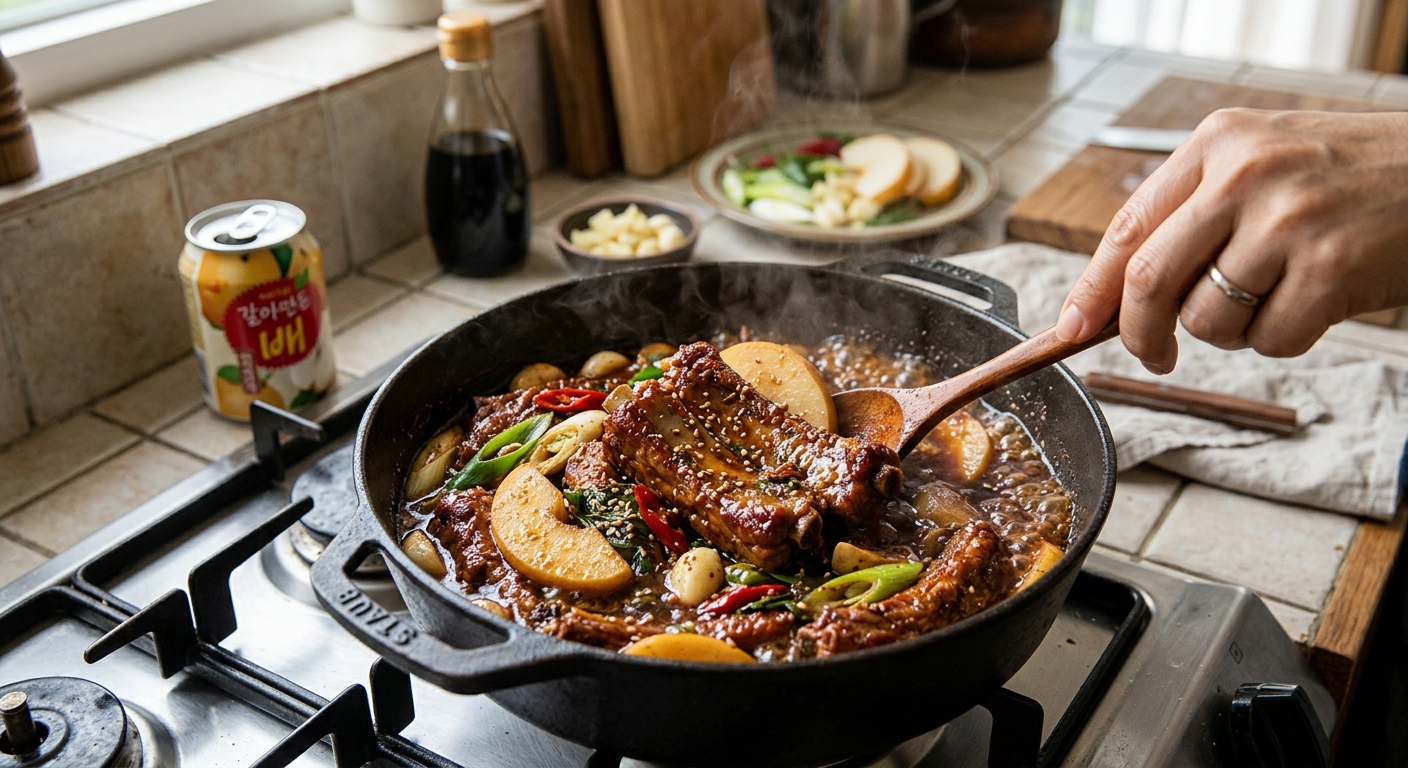 윤기 나는 양념을 끼얹으며 마무리 조리 중인 등갈비 모습