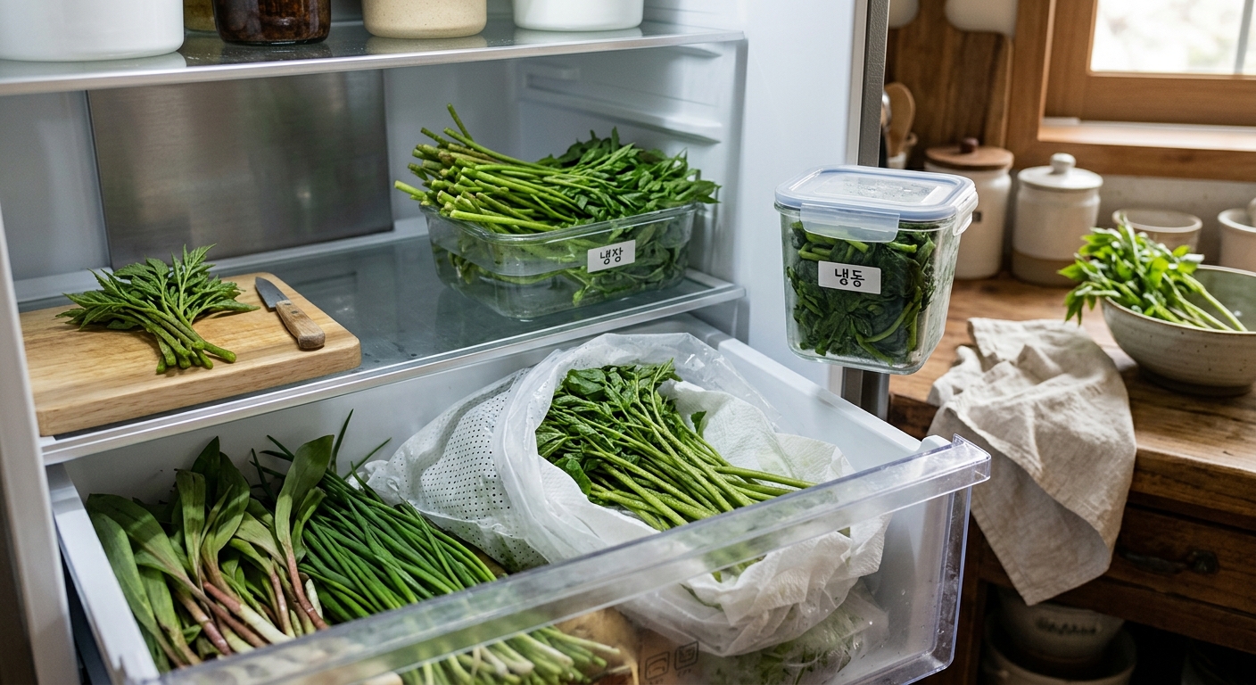 키친타월과 밀폐용기에 담아 보관 중인 눈개승마 나물