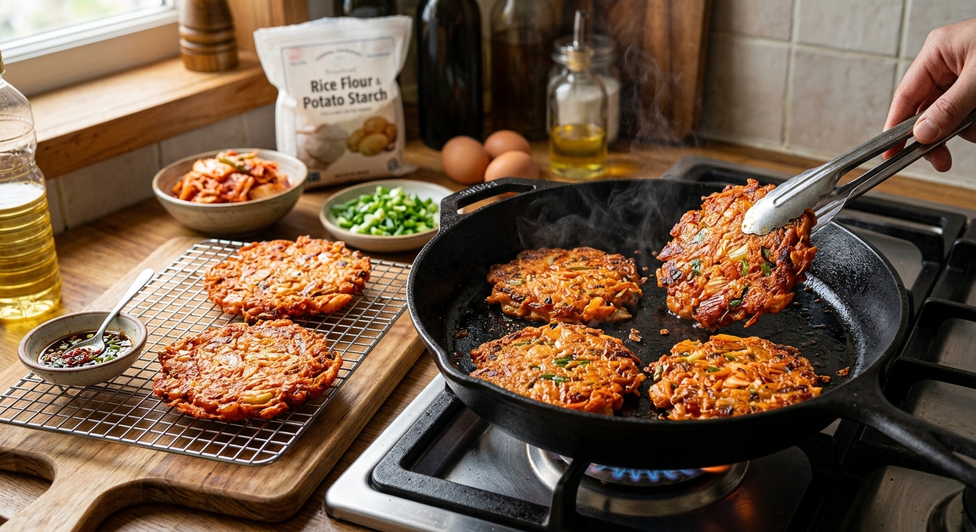 두부와 채소를 넣어 만든 여러 종류의 김치전이 접시에 담긴 모습