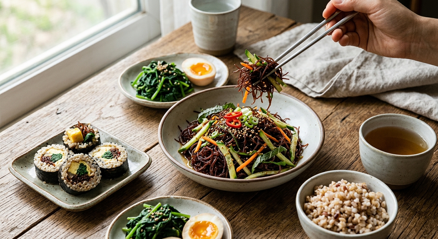 두부와 채소, 꼬시래기가 함께 담긴 균형 잡힌 건강식 이미지