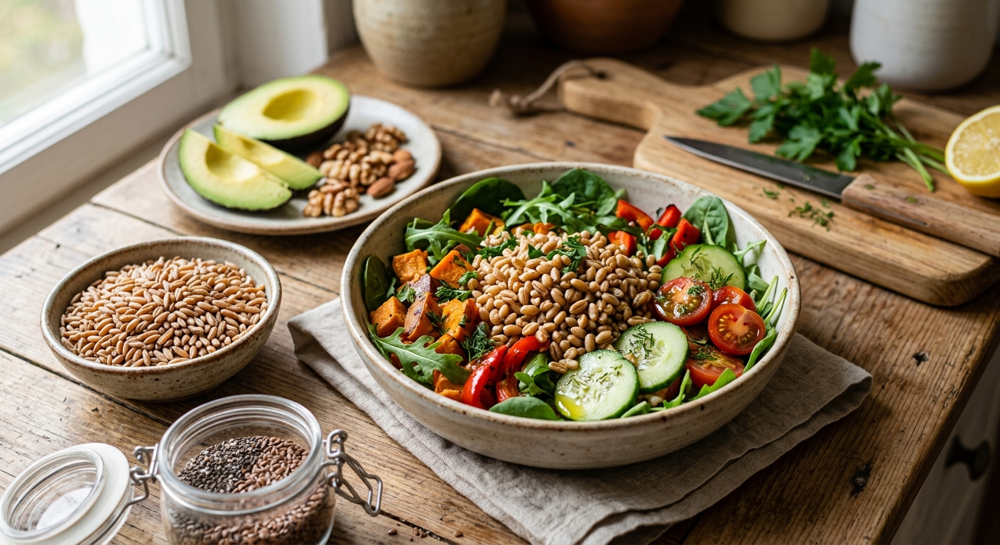 익힌 호라산밀 곡물이 담긴 그릇과 건강한 곡물 샐러드