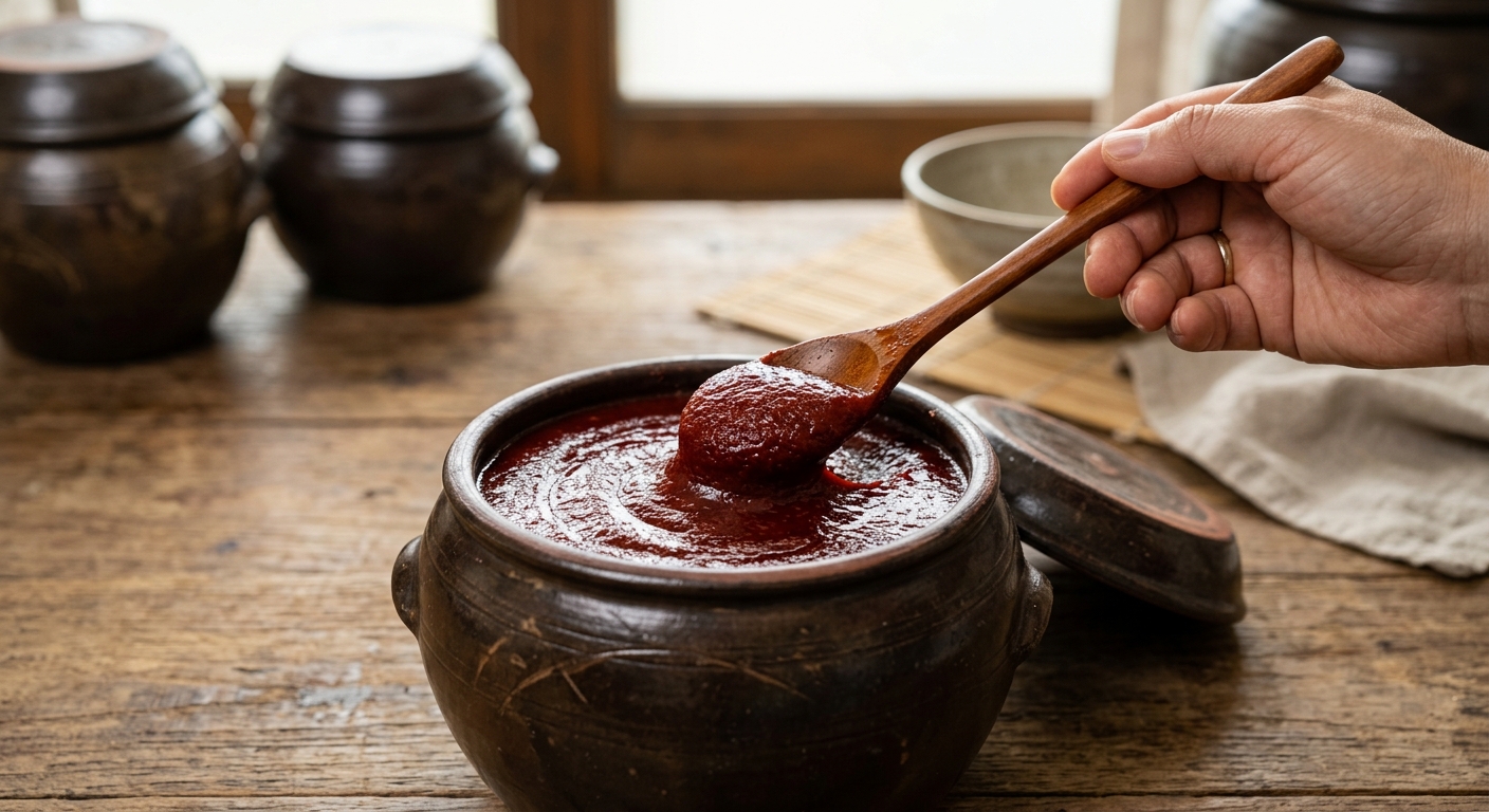 밀폐 용기에 담긴 고추장과 깨끗한 전용 숟가락이 놓인 모습