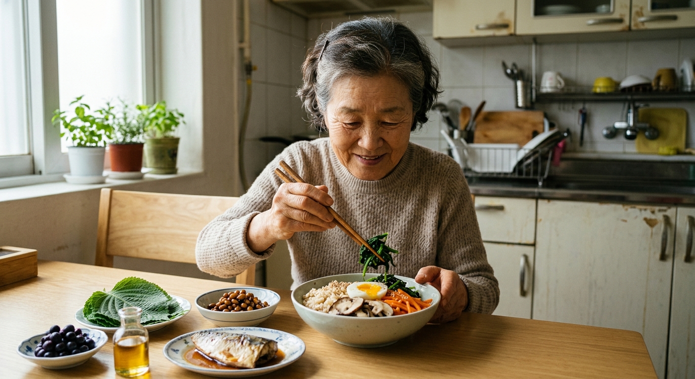 생선구이와 잡곡밥, 나물 반찬이 차려진 한식 밥상