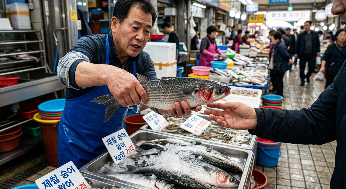 수산시장에서 신선한 숭어를 직접 고르는 소비자