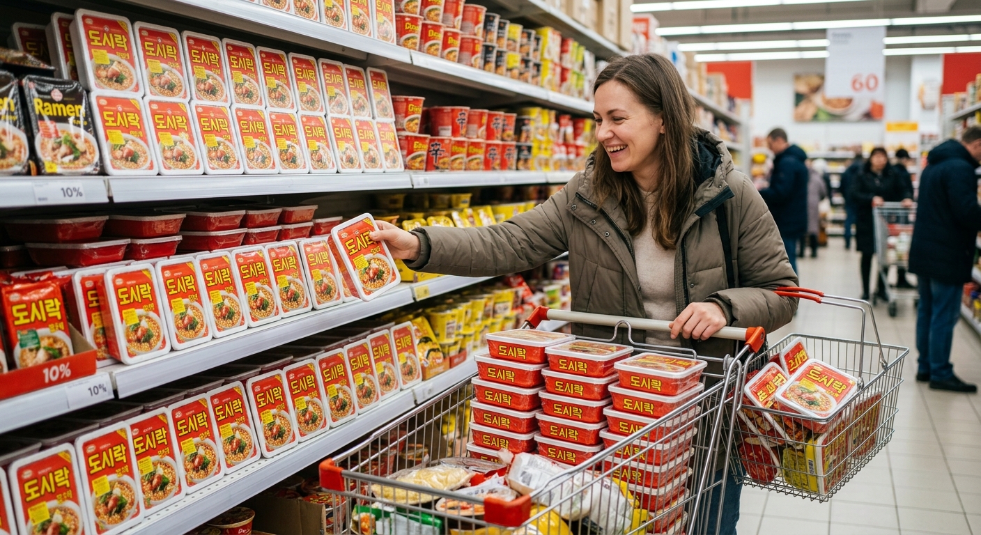 상승 그래프와 컵라면 브랜드 성장을 상징하는 비즈니스 이미지