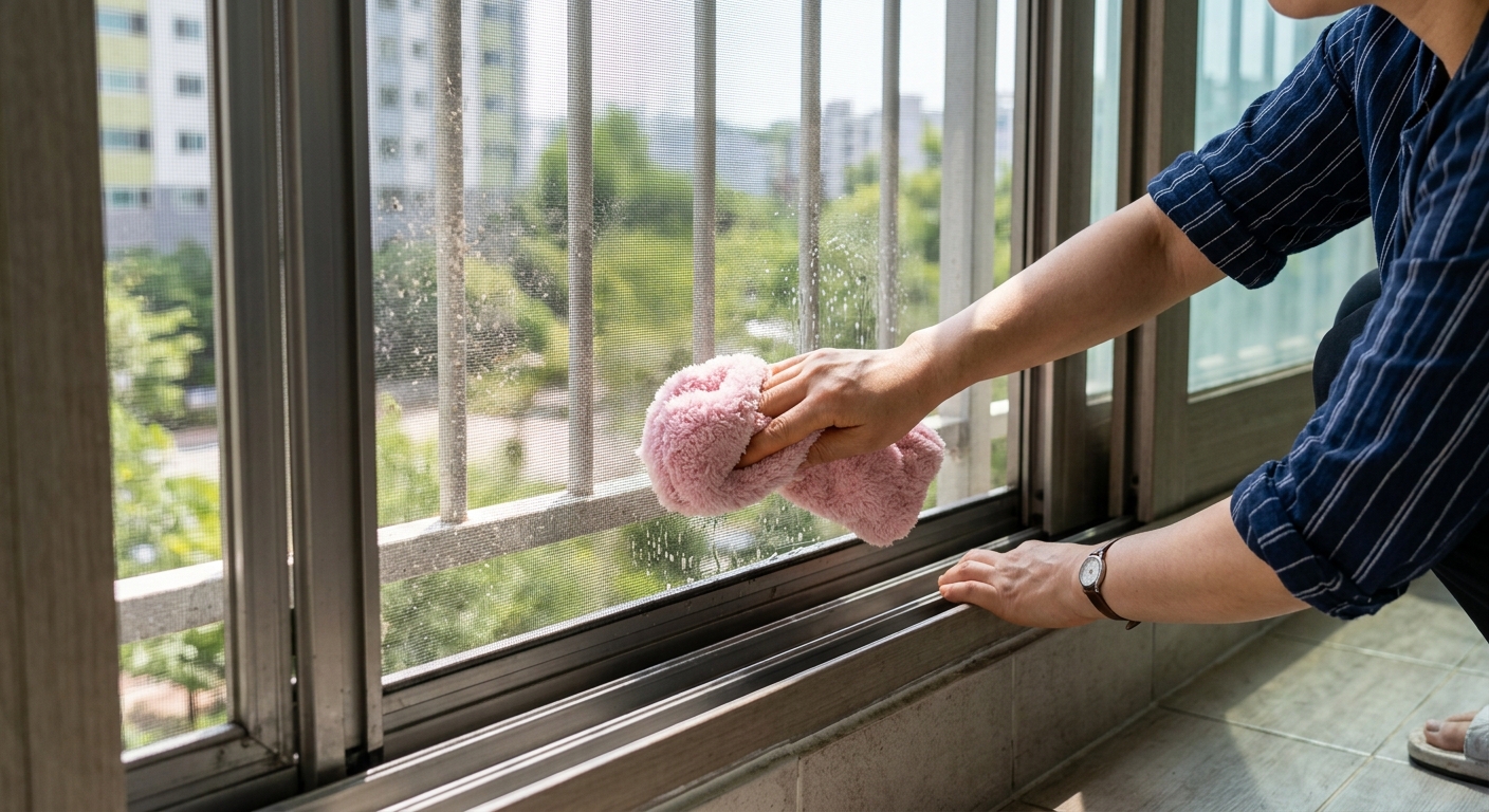 청소 후 마른 수면양말로 방충망을 닦아 물기를 흡수하는 모습