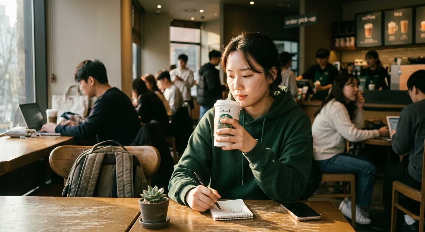 오후 시간대 카페에서 디카페인 커피를 마시며 휴식하는 직장인