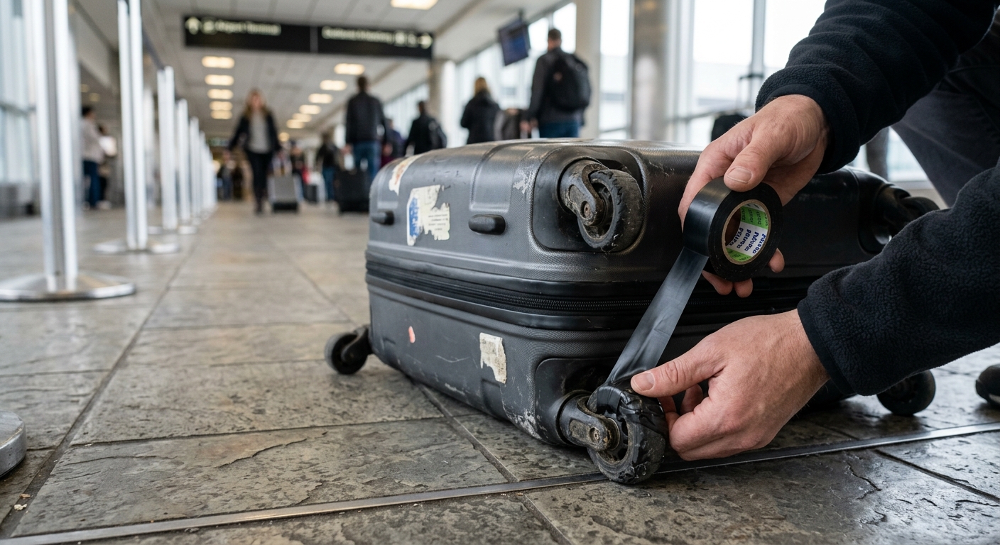 캐리어 바퀴에 붙인 절연테이프의 위치와 두께를 점검하는 손