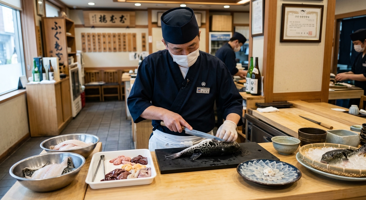 복어 요리를 먹는 식당 테이블과 건강 상태를 확인하는 장면