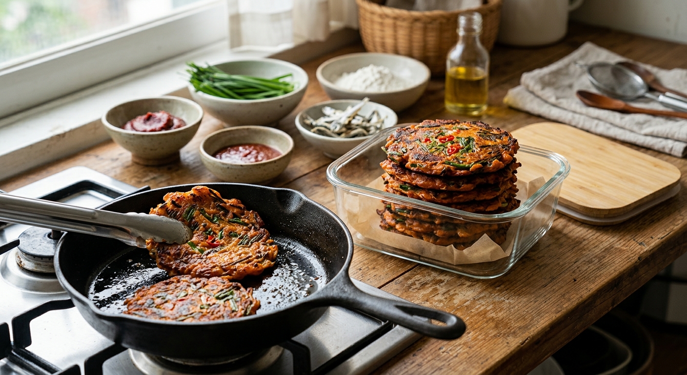 팬에서 재가열하며 바삭함을 되살리는 부추장떡