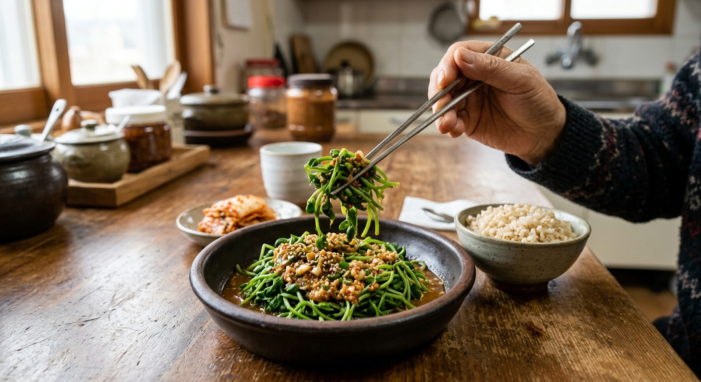 된장, 참기름, 깨소금으로 무친 딱총나무 새순 반찬 한 접시