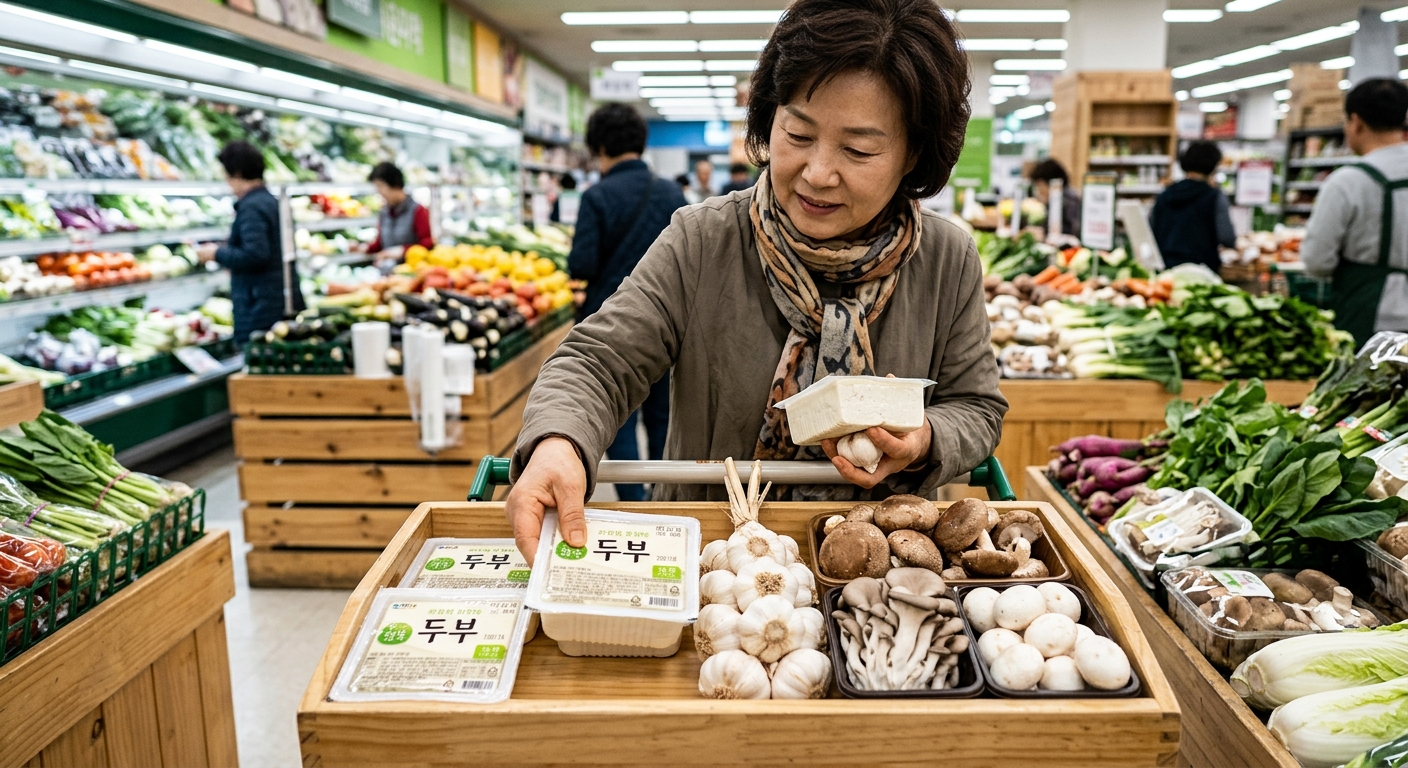 마트 채소 코너에서 신선한 대파, 오이고추, 깻잎을 고르는 장면