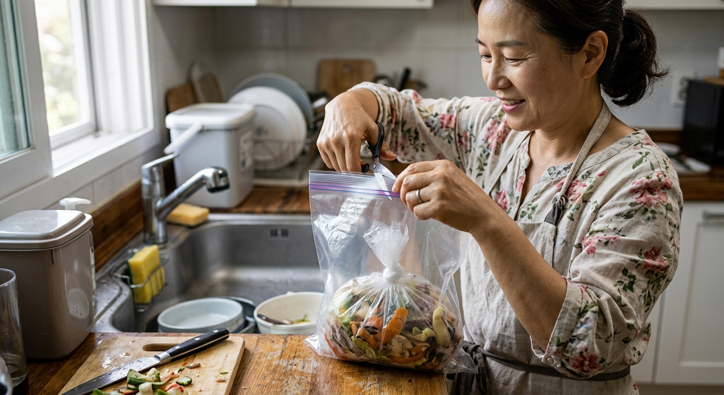 과일 껍질과 채소 찌꺼기를 지퍼 봉투에 담아 밀폐한 모습
