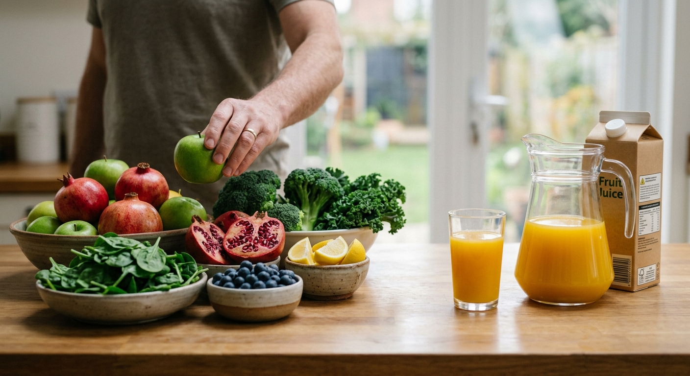 생과일과 물, 소분된 견과류가 함께 준비된 건강한 간식 구성