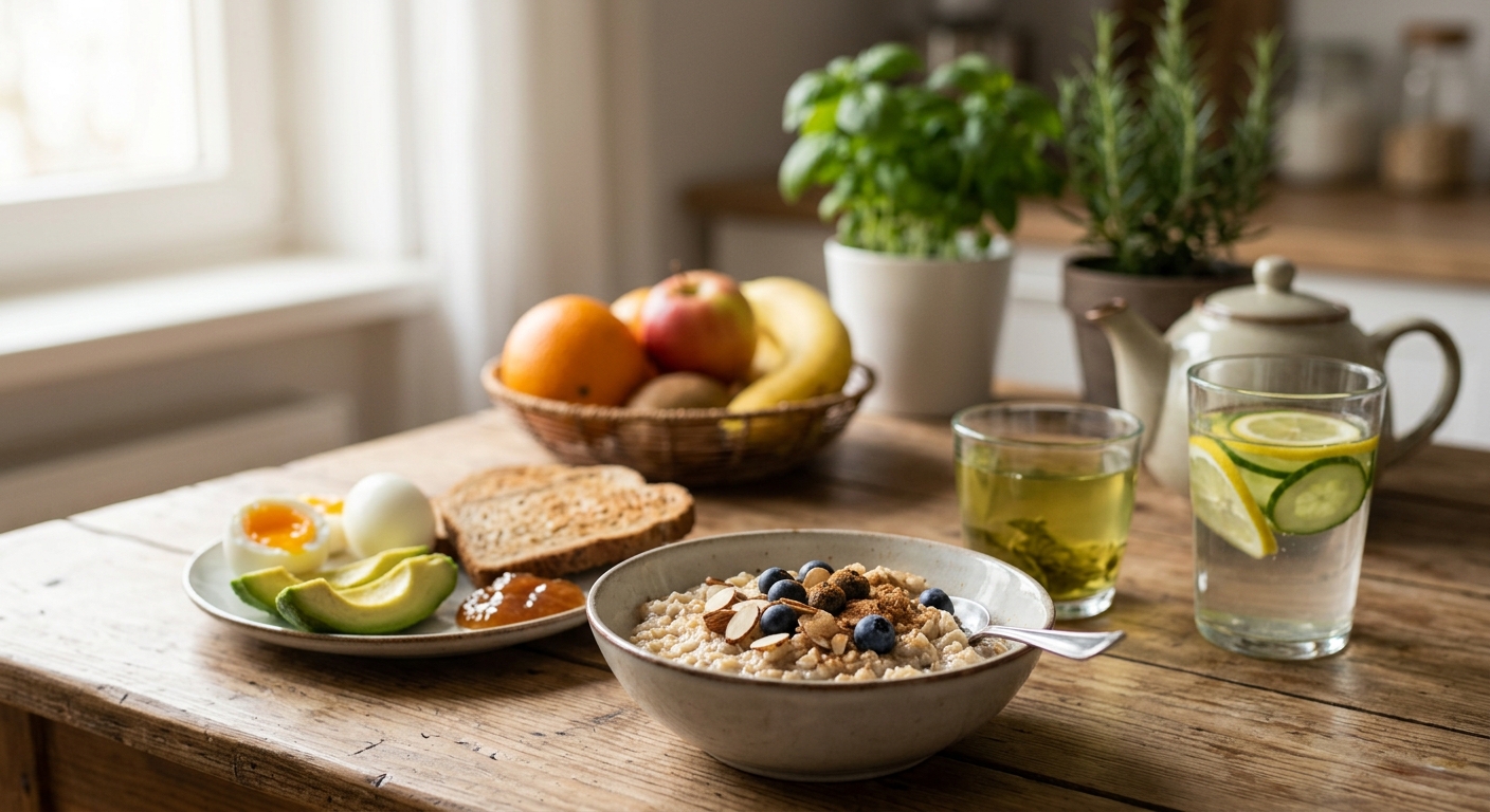 달걀과 오트밀, 과일, 견과류로 구성된 건강한 아침 식사 이미지