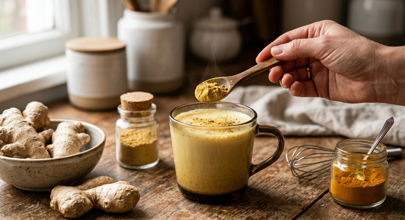 생강 음료 앞에서 주의사항을 확인하는 건강 관리 장면