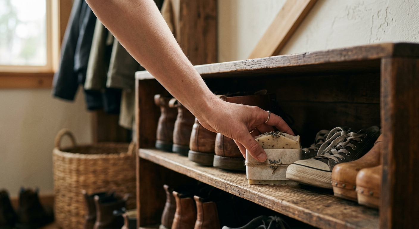 아이와 반려동물을 고려해 뚜껑 있는 용기에 비누 조각을 담아둔 모습