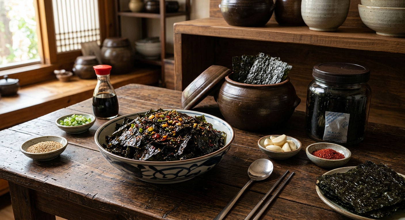 김을 지퍼백과 밀폐용기에 나누어 담아 습기를 막도록 정리한 모습