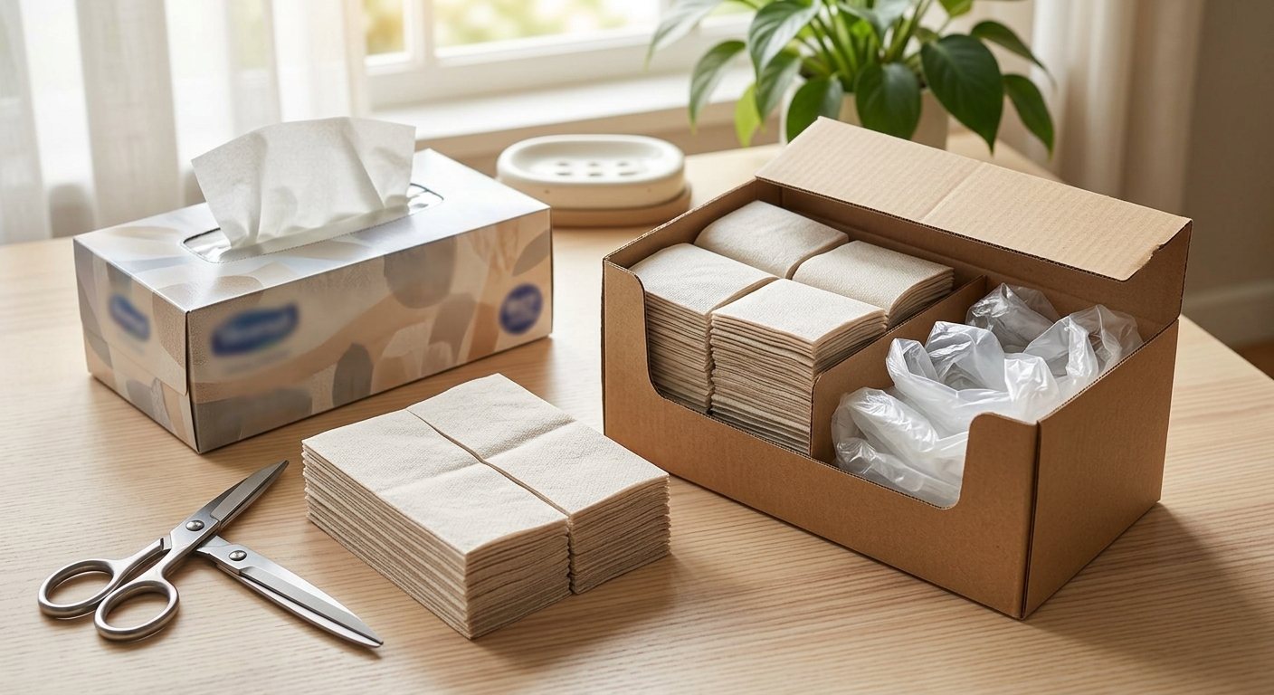 재활용한 티슈 박스 안에 비닐봉투와 두루마리 휴지가 정리된 모습