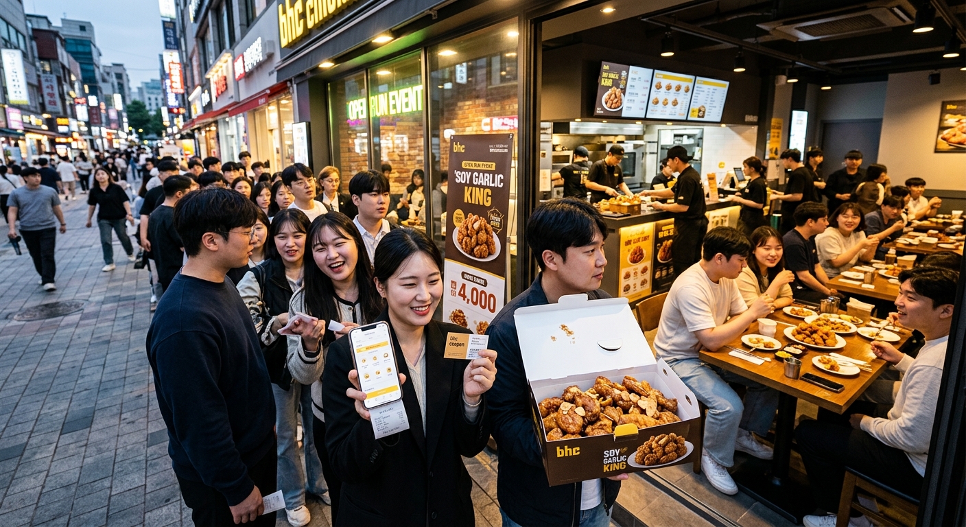 스마트폰 앱 화면과 할인쿠폰, 치킨 메뉴가 함께 보이는 이벤트 연출 이미지