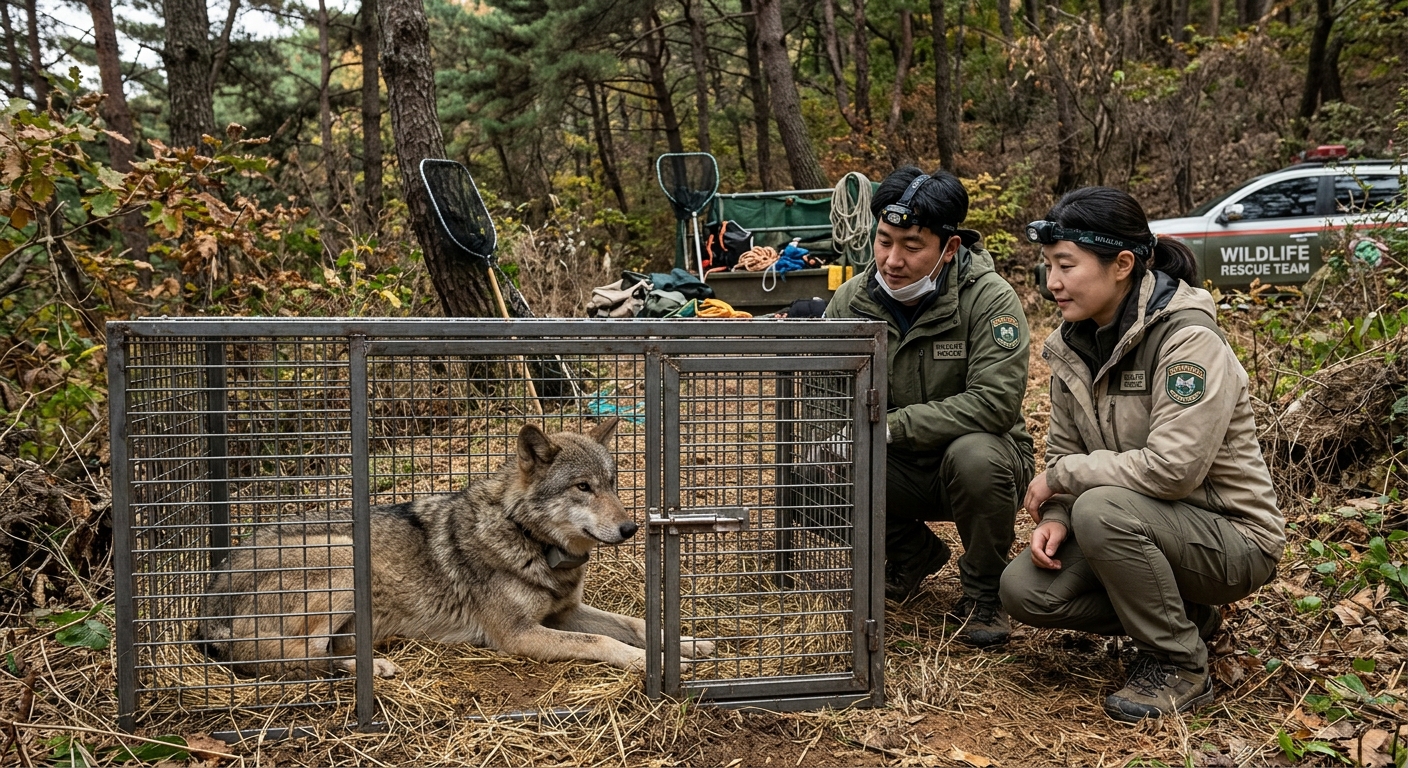 숲 가장자리에서 주변을 경계하는 늑대의 모습과 차분한 구조 분위기