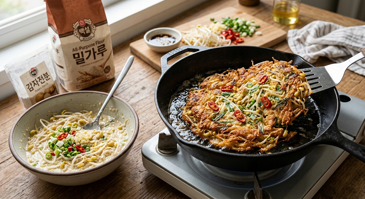 작은 크기로 부친 콩나물전을 뒤집는 조리 장면