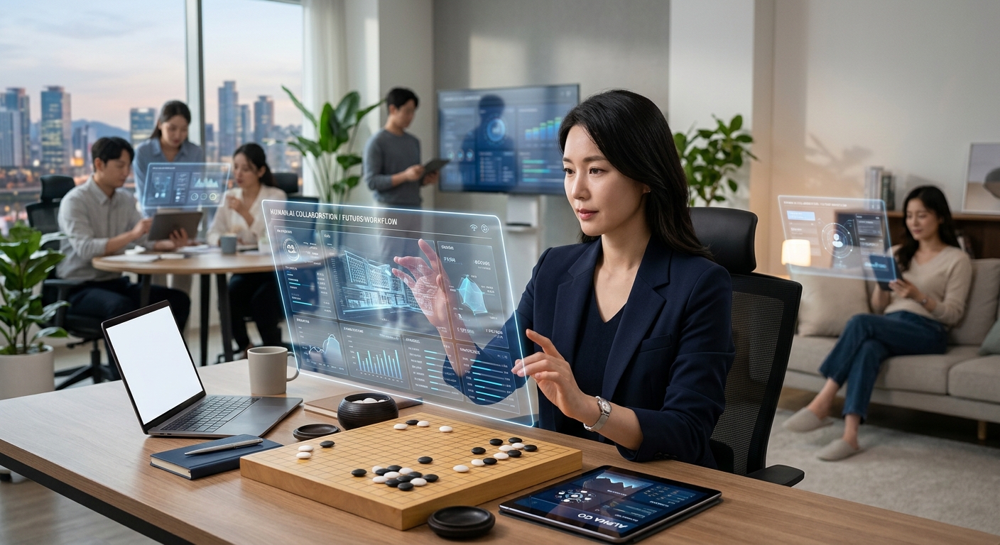 노트북과 디지털 인터페이스를 활용해 업무를 진행하는 사람과 AI 협업 환경을 보여주는 현실적인 이미지