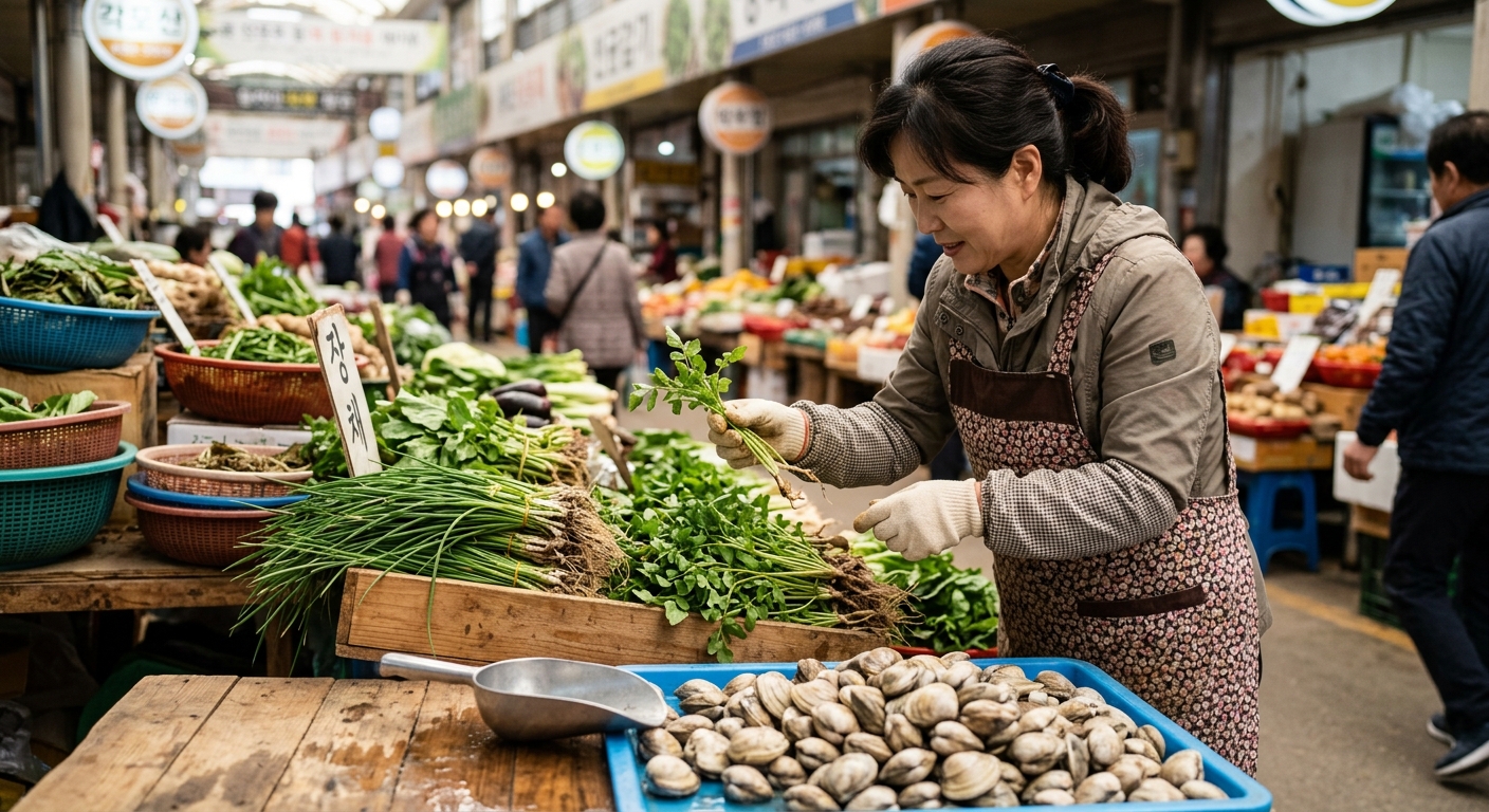 시장에 진열된 신선한 냉이와 바지락을 고르는 모습