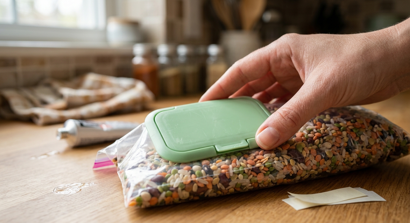 깨끗이 세척한 물티슈 뚜껑과 양면테이프가 놓인 DIY 준비 장면