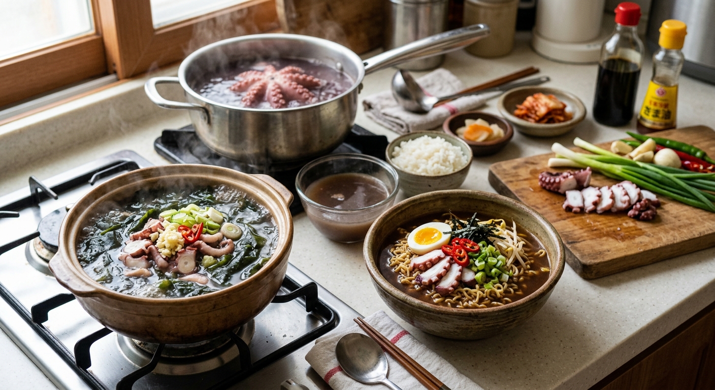 문어 육수로 만든 맑은 무국과 칼국수 재료가 놓인 식탁