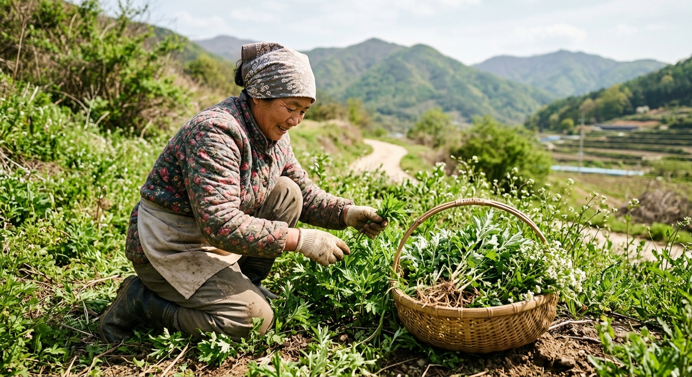 연한 봄 쑥과 쑥국이 함께 담긴 따뜻한 한식 이미지