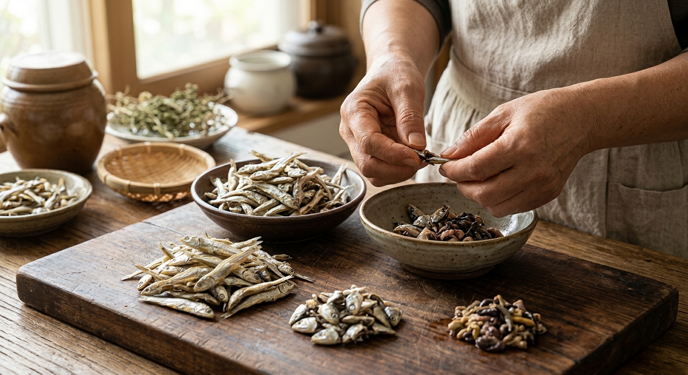 크기가 다른 마른 멸치를 비교하며 손질하는 손의 모습