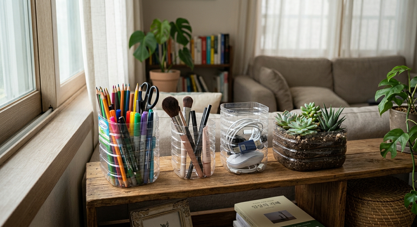 빨래집게와 원예 소품을 담아둔 생수병 재활용 보관함