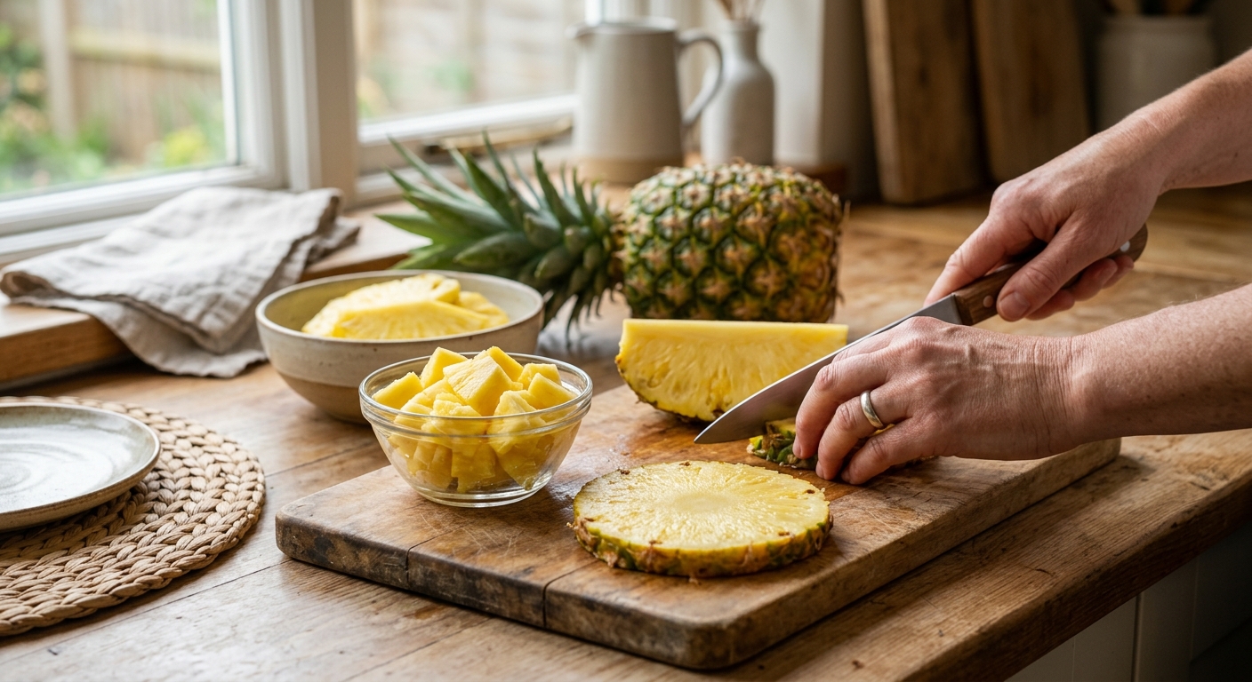 적당량으로 소분된 파인애플 조각이 담긴 작은 유리 그릇