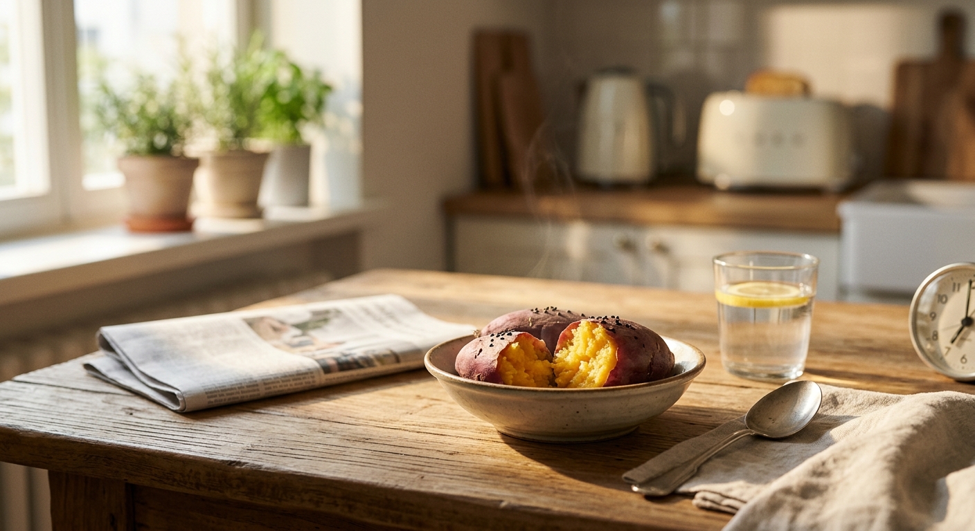 아침 식사로 준비된 찐고구마와 단백질 식품이 있는 장면