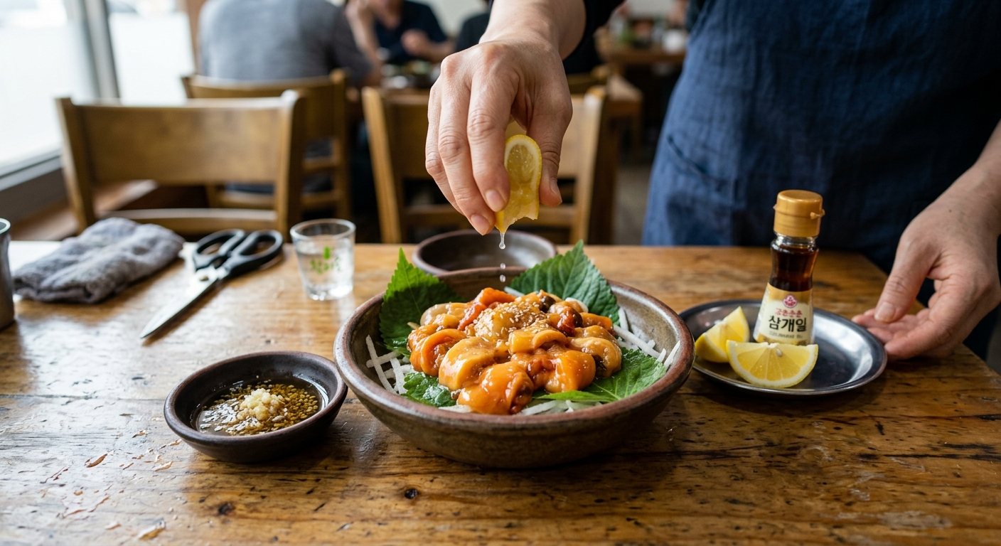 따뜻한 밥 위에 멍게와 김가루를 올린 멍게 비빔밥