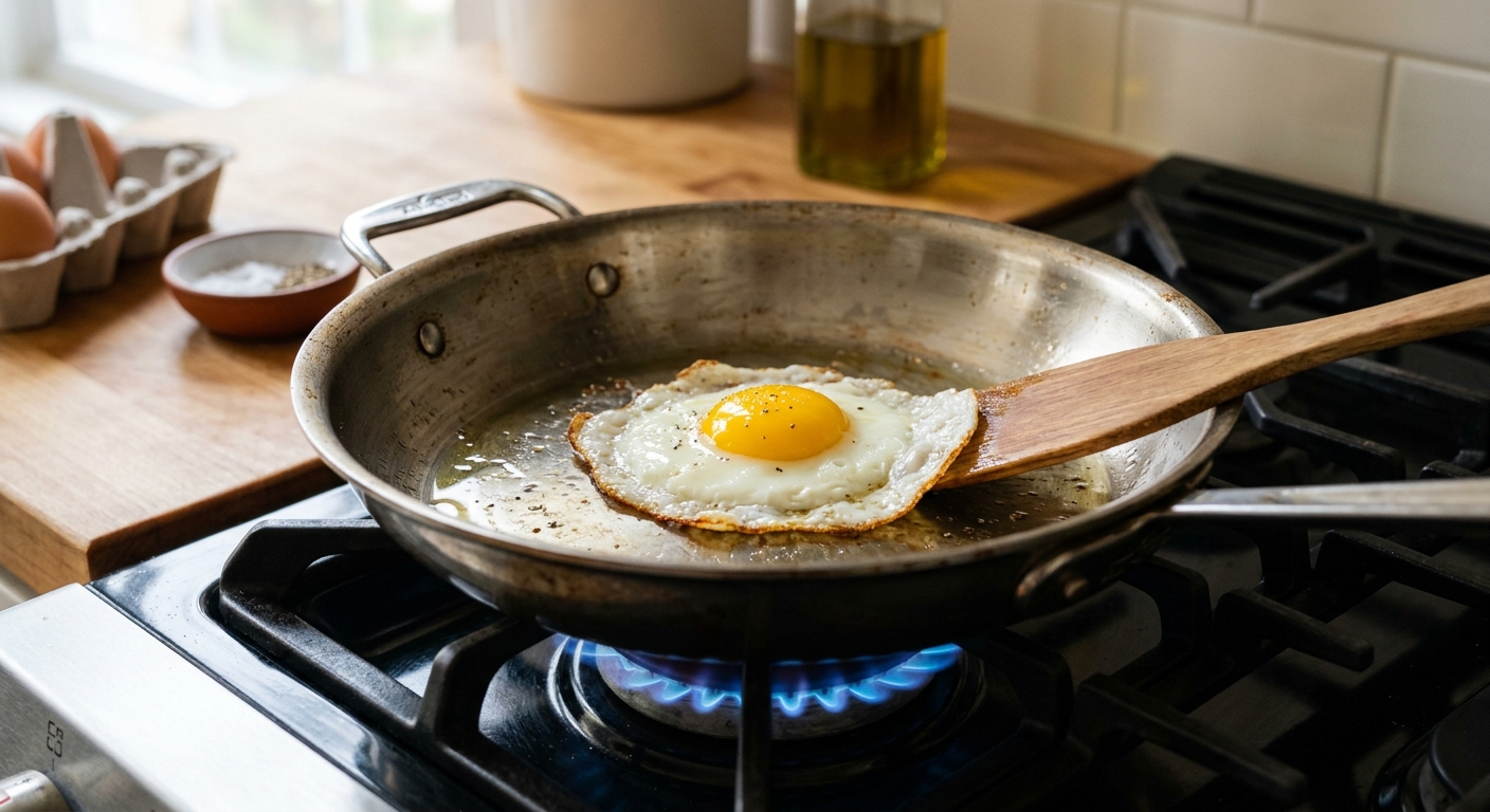 가정용 가스레인지 위 스텐팬에서 중약불로 계란후라이를 조리하는 모습
