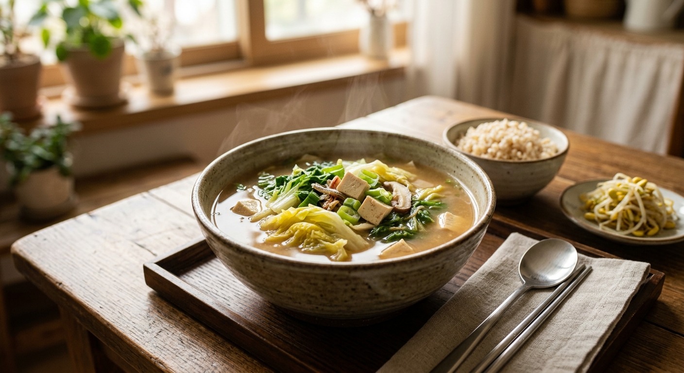 밥과 함께 차려진 아침 식사용 봄동된장국 상차림