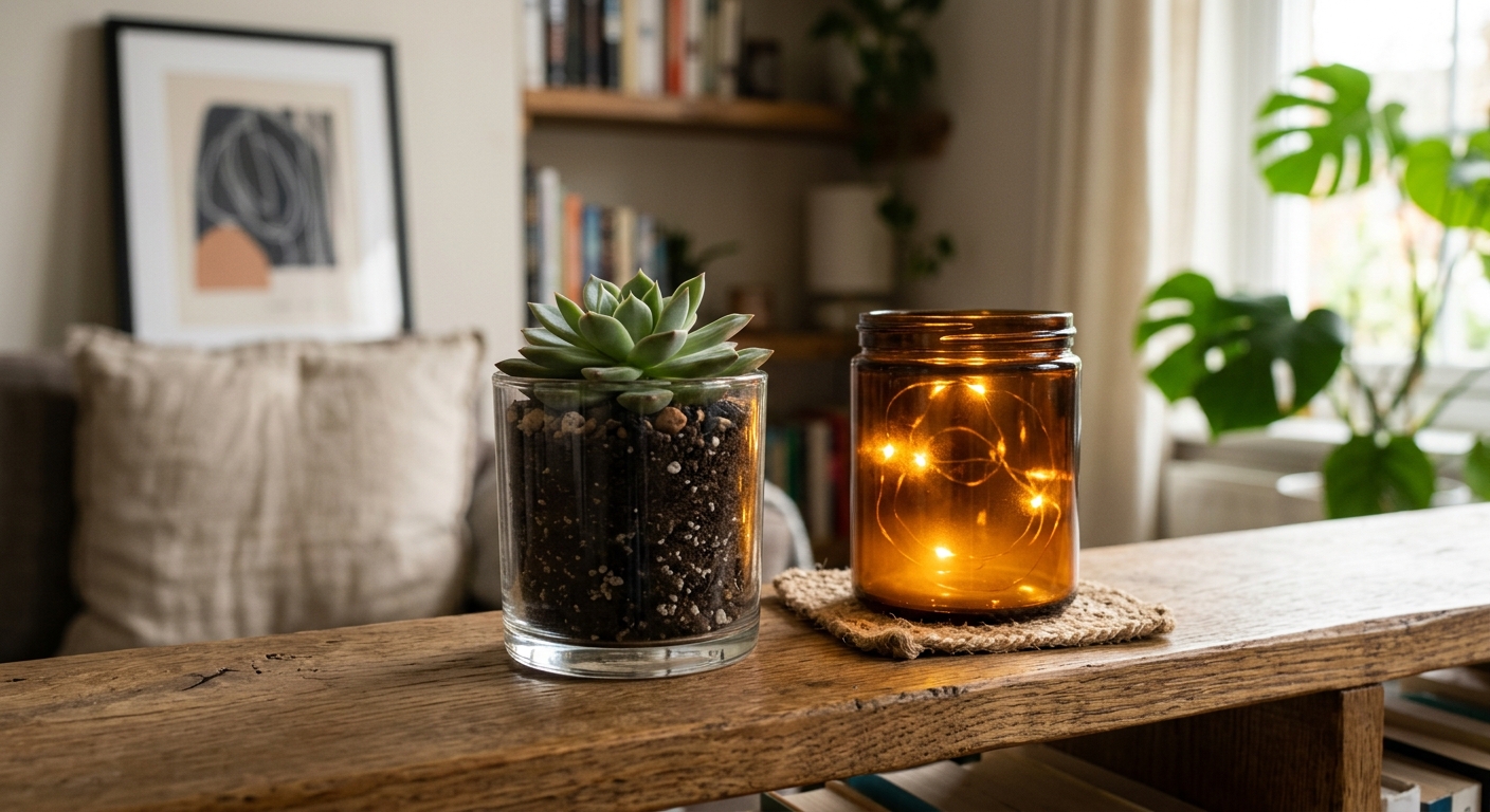 향초병 안에 와이어 조명과 수경 식물을 넣어 장식한 선반 인테리어